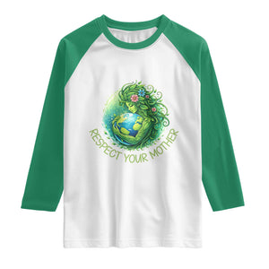 Respect Your Mother Raglan Shirt Earth Mother Hugging Planet TS12 White Kelly Green Print Your Wear