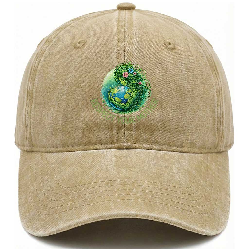 Respect Your Mother Washed Cotton Baseball Cap Earth Mother Hugging Planet TS12 Washed Cap Universal Fit Khaki Print Your Wear