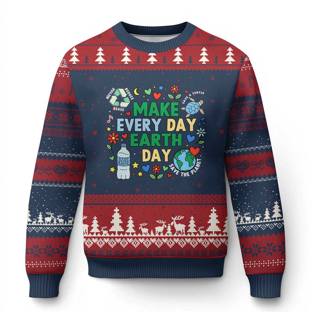 Make Every Day Earth Day Student Gift Ugly Christmas Sweater Environmental Awareness TS12 Navy Red Print Your Wear