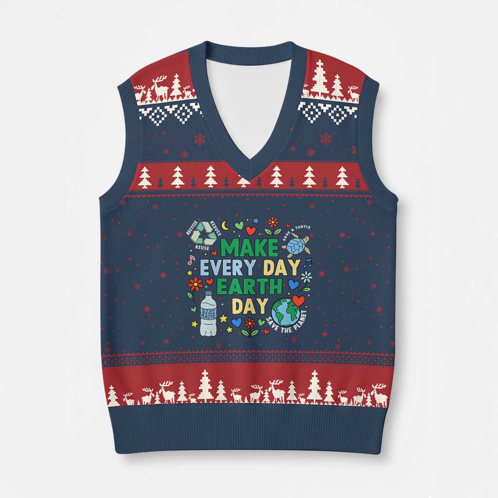 Make Every Day Earth Day Student Gift V-Neck Knit Sweater Vest Environmental Awareness TS12 Navy Red Print Your Wear