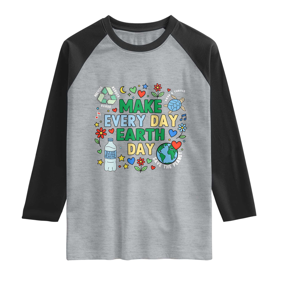 Make Every Day Earth Day Student Gift Raglan Shirt Environmental Awareness TS12 Heather Gray Black Print Your Wear