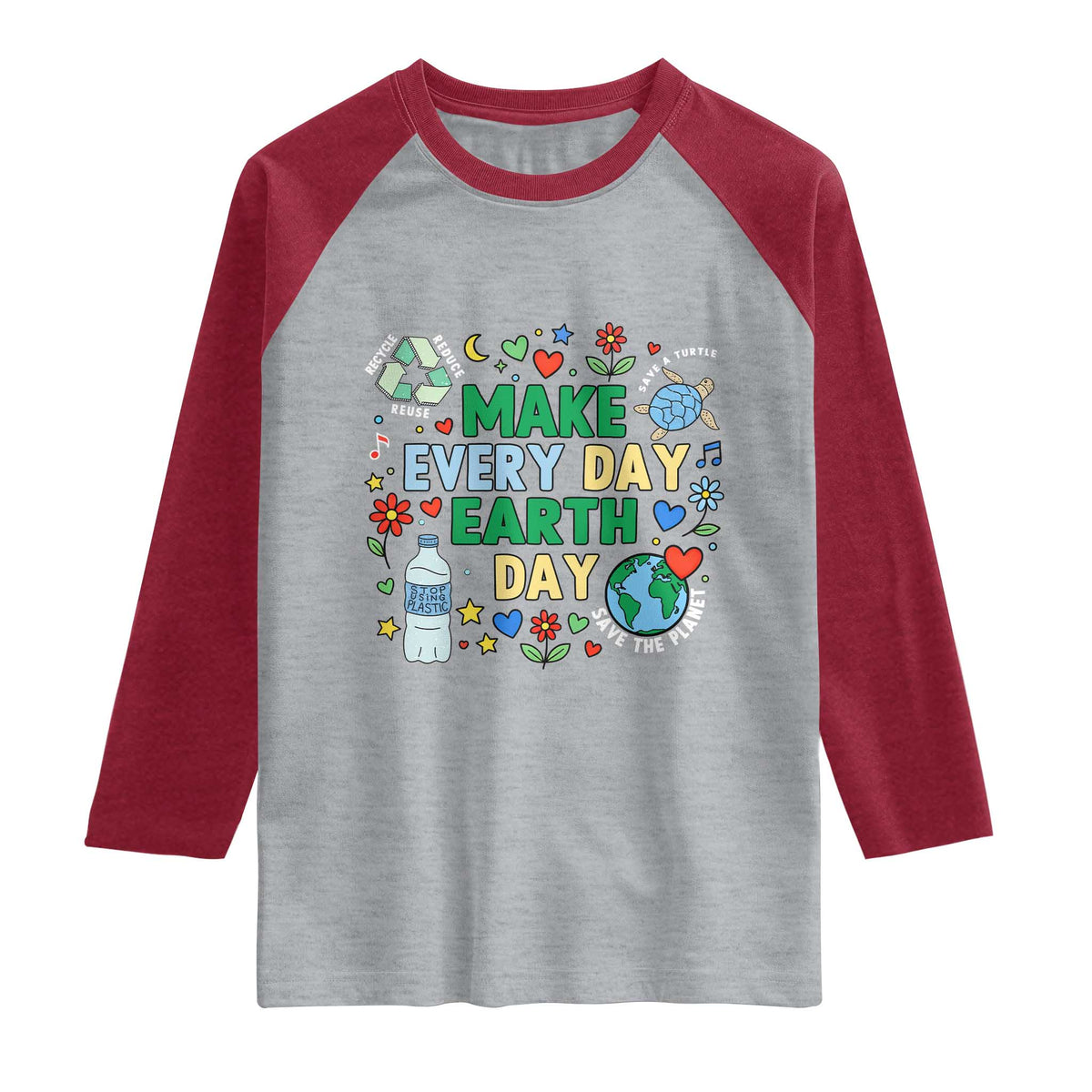 Make Every Day Earth Day Student Gift Raglan Shirt Environmental Awareness TS12 Heather Gray Heather Red Print Your Wear