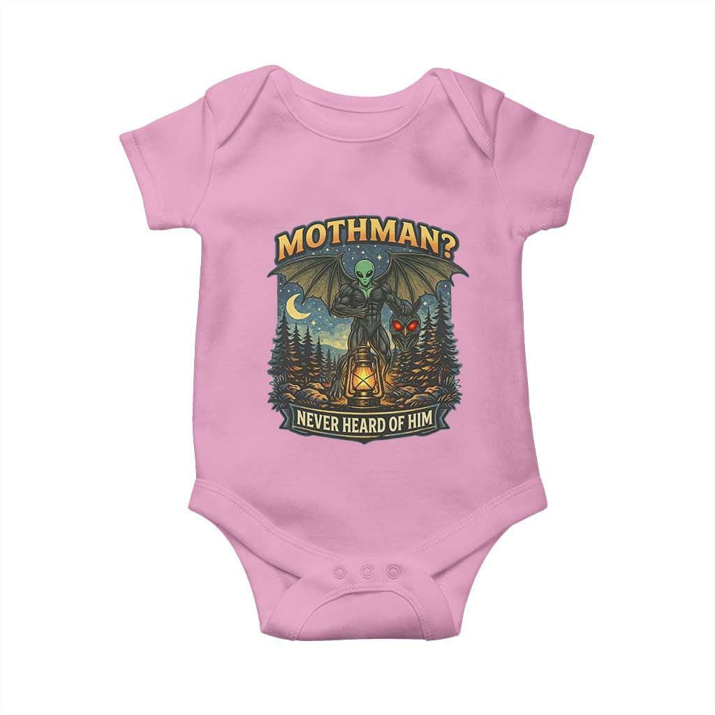 Funny Mothman Cryptid Believer Baby Onesie Never Heard Of Him TS12 Light Pink Print Your Wear
