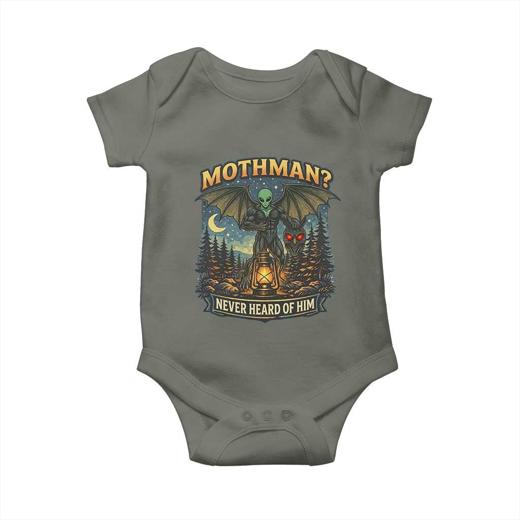 Funny Mothman Cryptid Believer Baby Onesie Never Heard Of Him TS12 Military Green Print Your Wear