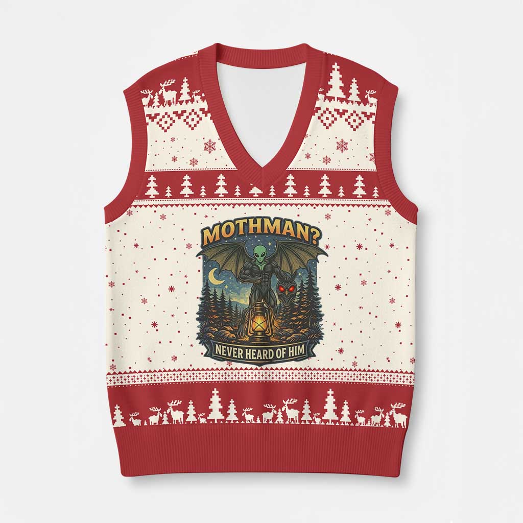 Funny Mothman Cryptid Believer V-Neck Knit Sweater Vest Never Heard Of Him TS12 Beige Red Print Your Wear