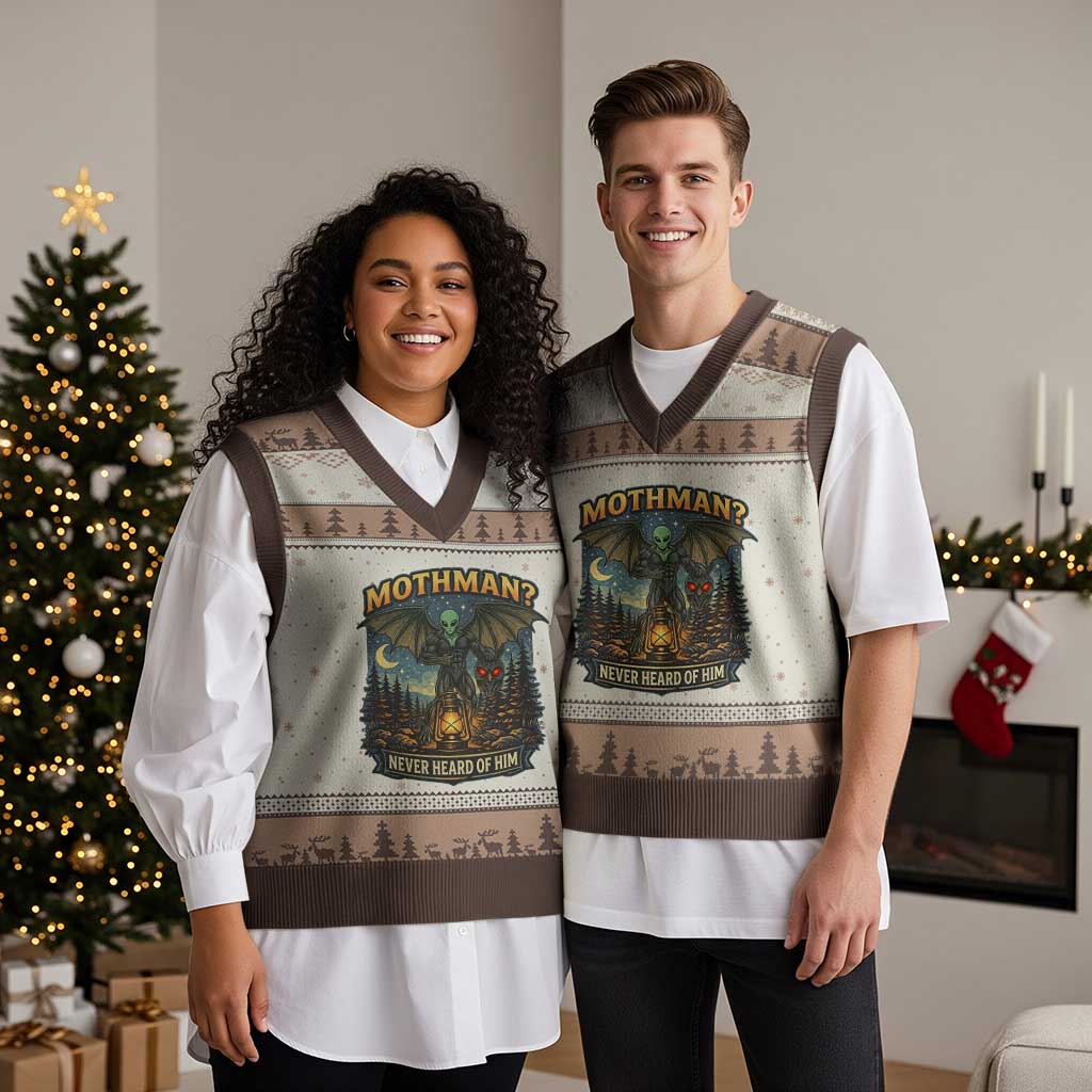 Funny Mothman Cryptid Believer V-Neck Knit Sweater Vest Never Heard Of Him TS12 Mocha Mousse Print Your Wear