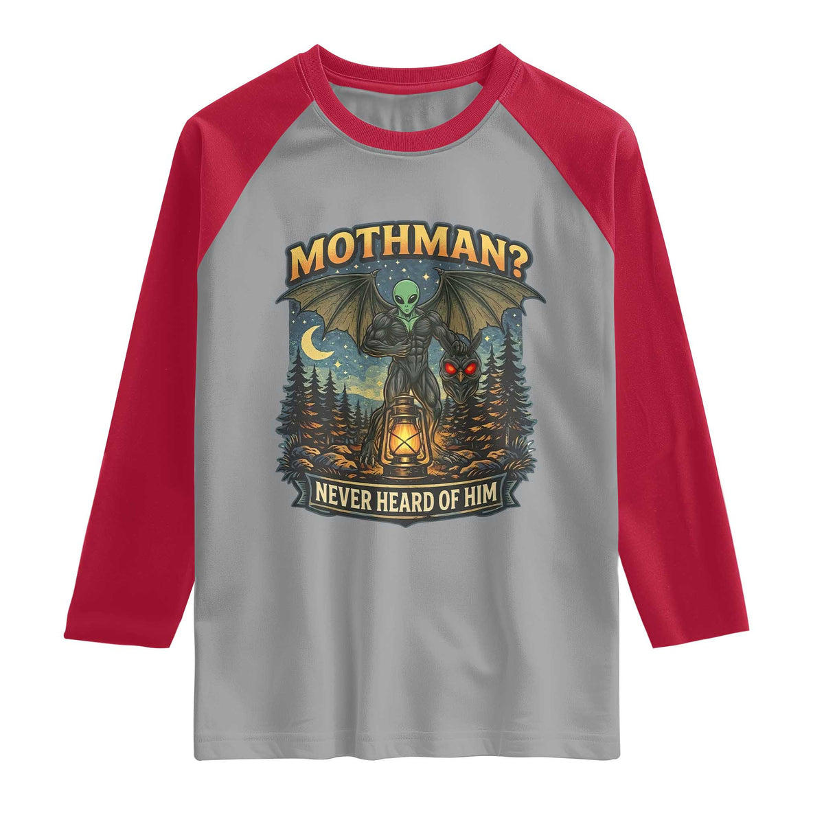 Funny Mothman Cryptid Believer Raglan Shirt Never Heard Of Him TS12 Sport Gray Red Print Your Wear