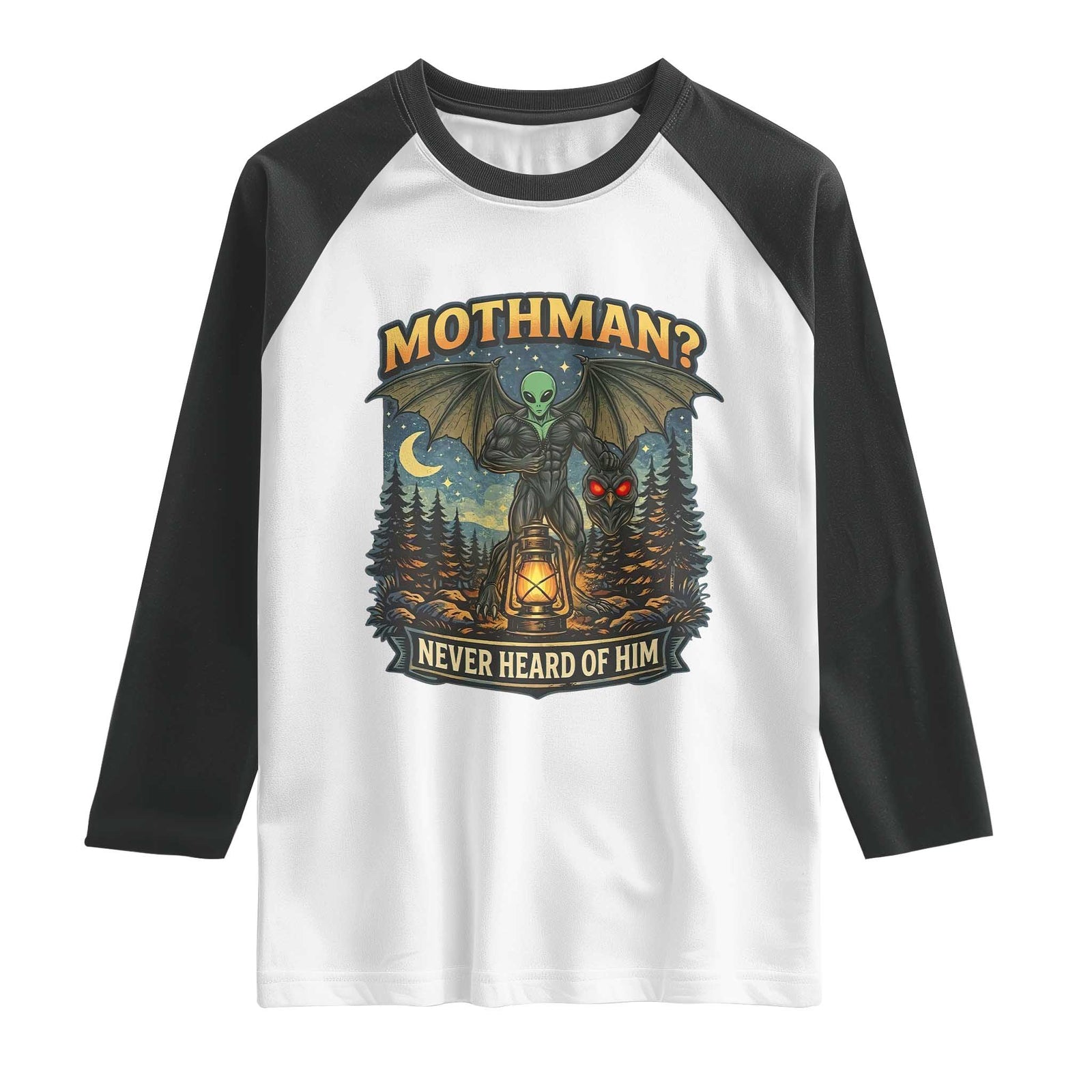 Funny Mothman Cryptid Believer Raglan Shirt Never Heard Of Him TS12 White Black Print Your Wear