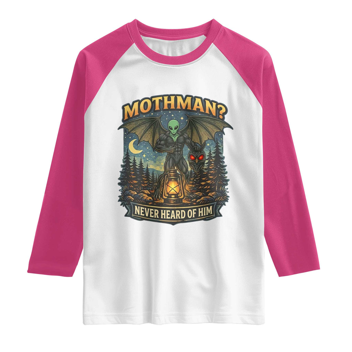 Funny Mothman Cryptid Believer Raglan Shirt Never Heard Of Him TS12 White Heliconia Print Your Wear