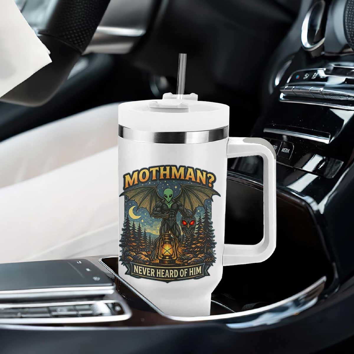 Funny Mothman Cryptid Believer Tumbler With Handle Never Heard Of Him TS12 Print Your Wear