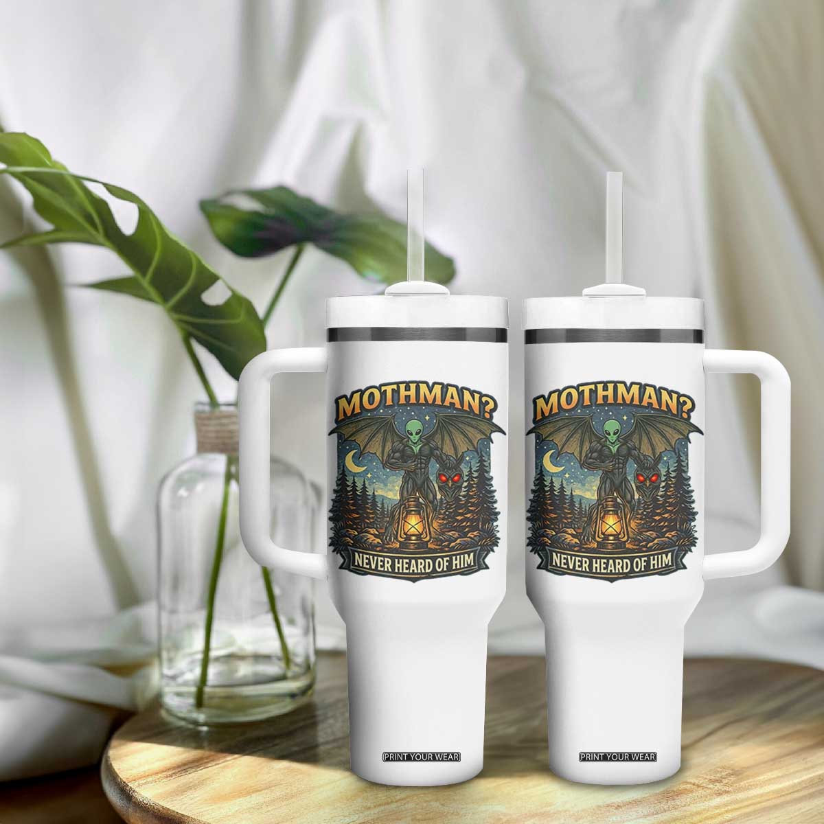Funny Mothman Cryptid Believer Tumbler With Handle Never Heard Of Him TS12 Print Your Wear