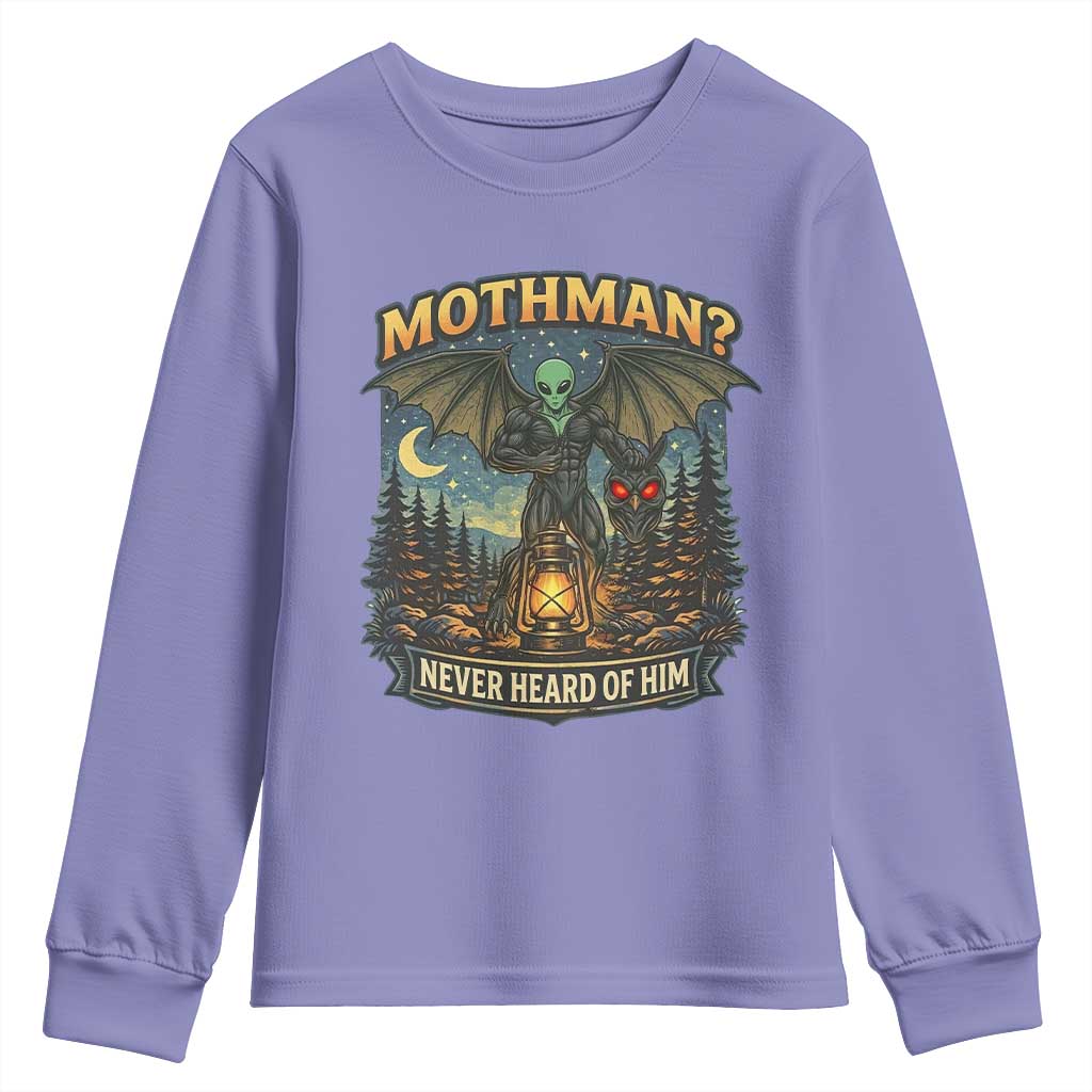 Funny Mothman Cryptid Believer Youth Sweatshirt Never Heard Of Him TS12 Violet Print Your Wear