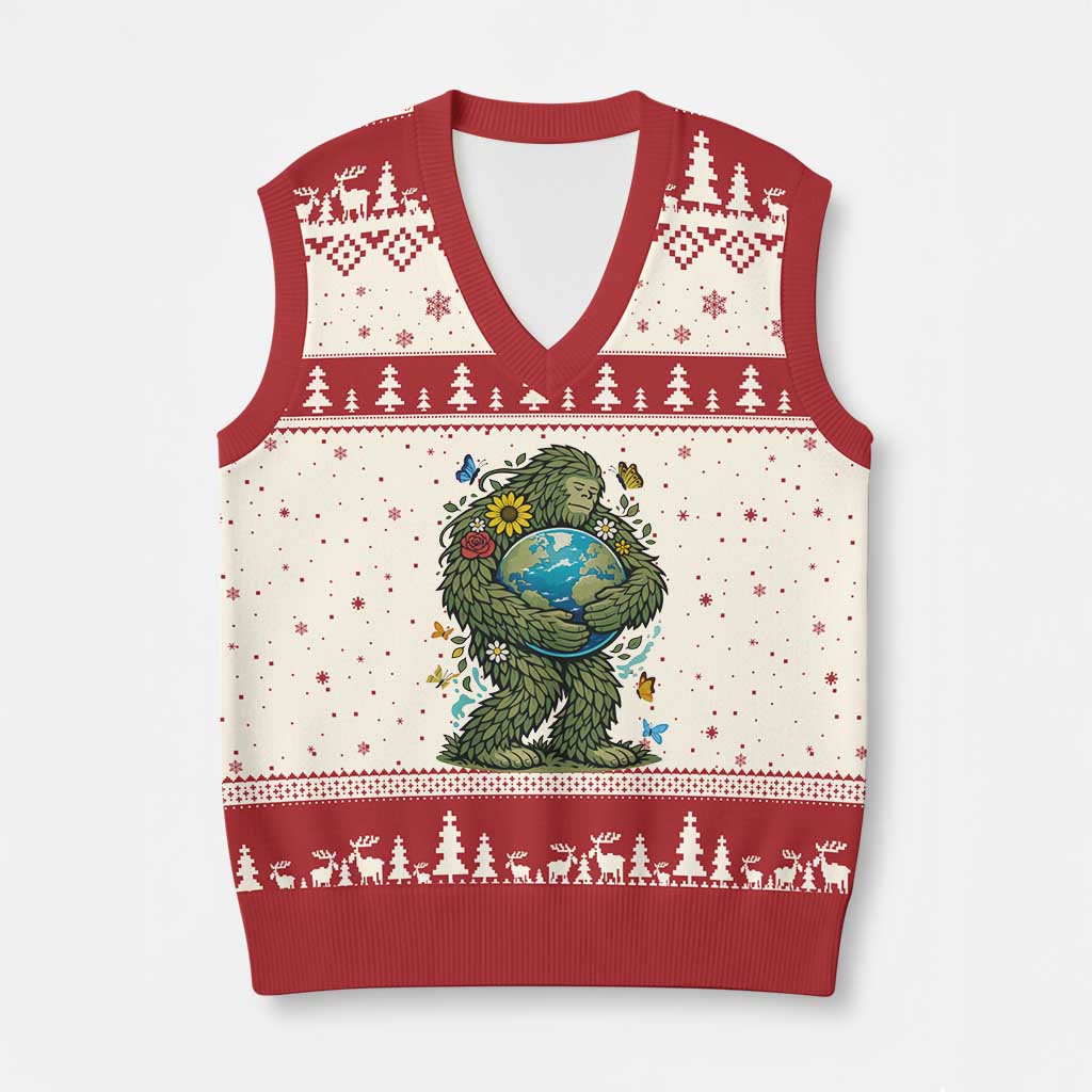 Floral Bigfoot Hugging Earth V-Neck Knit Sweater Vest Cottagecore Nature Lover TS12 Beige Red Print Your Wear