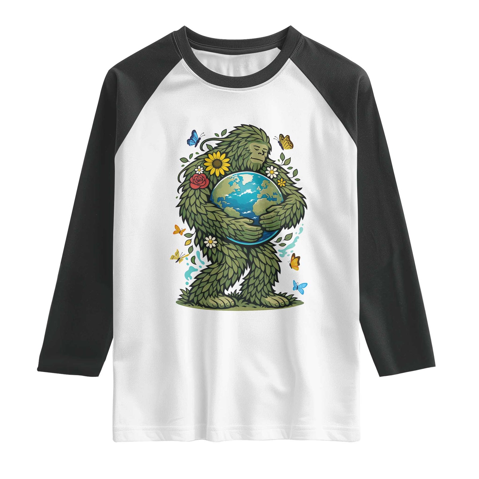 Floral Bigfoot Hugging Earth Raglan Shirt Cottagecore Nature Lover TS12 White Black Print Your Wear