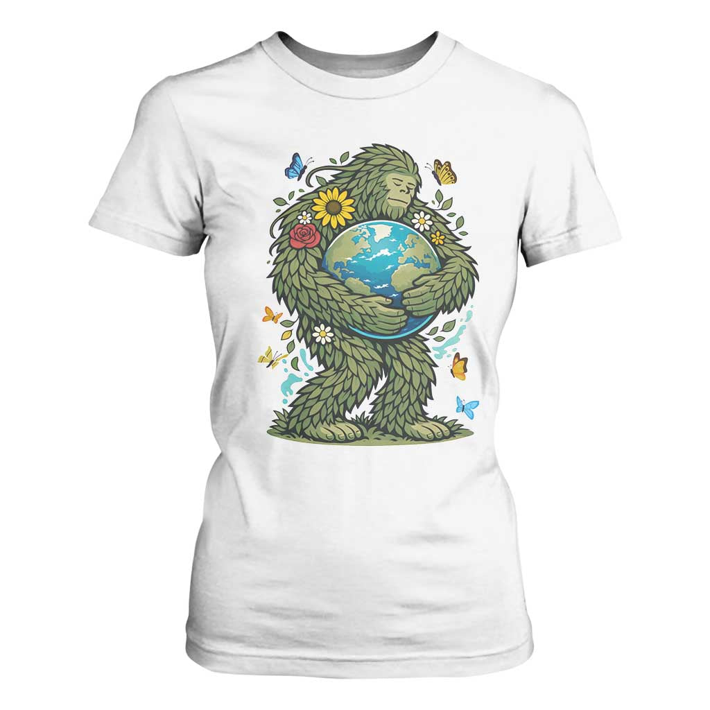 Floral Bigfoot Hugging Earth T Shirt For Women Cottagecore Nature Lover TS12 White Print Your Wear
