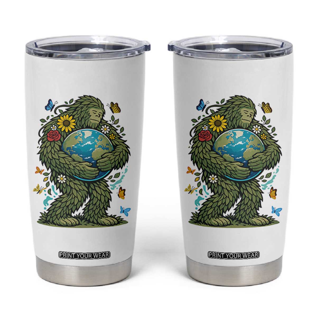 Floral Bigfoot Hugging Earth Tumbler Cup Cottagecore Nature Lover TS12 White Print Your Wear