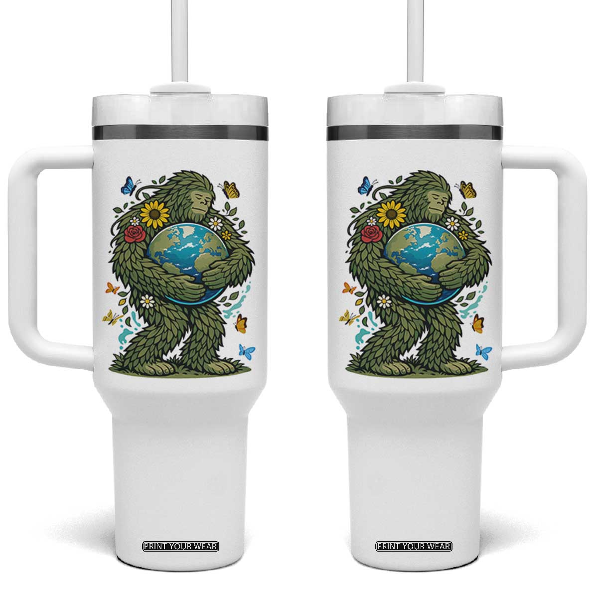 Floral Bigfoot Hugging Earth Tumbler With Handle Cottagecore Nature Lover TS12 One Size: 40 oz White Print Your Wear