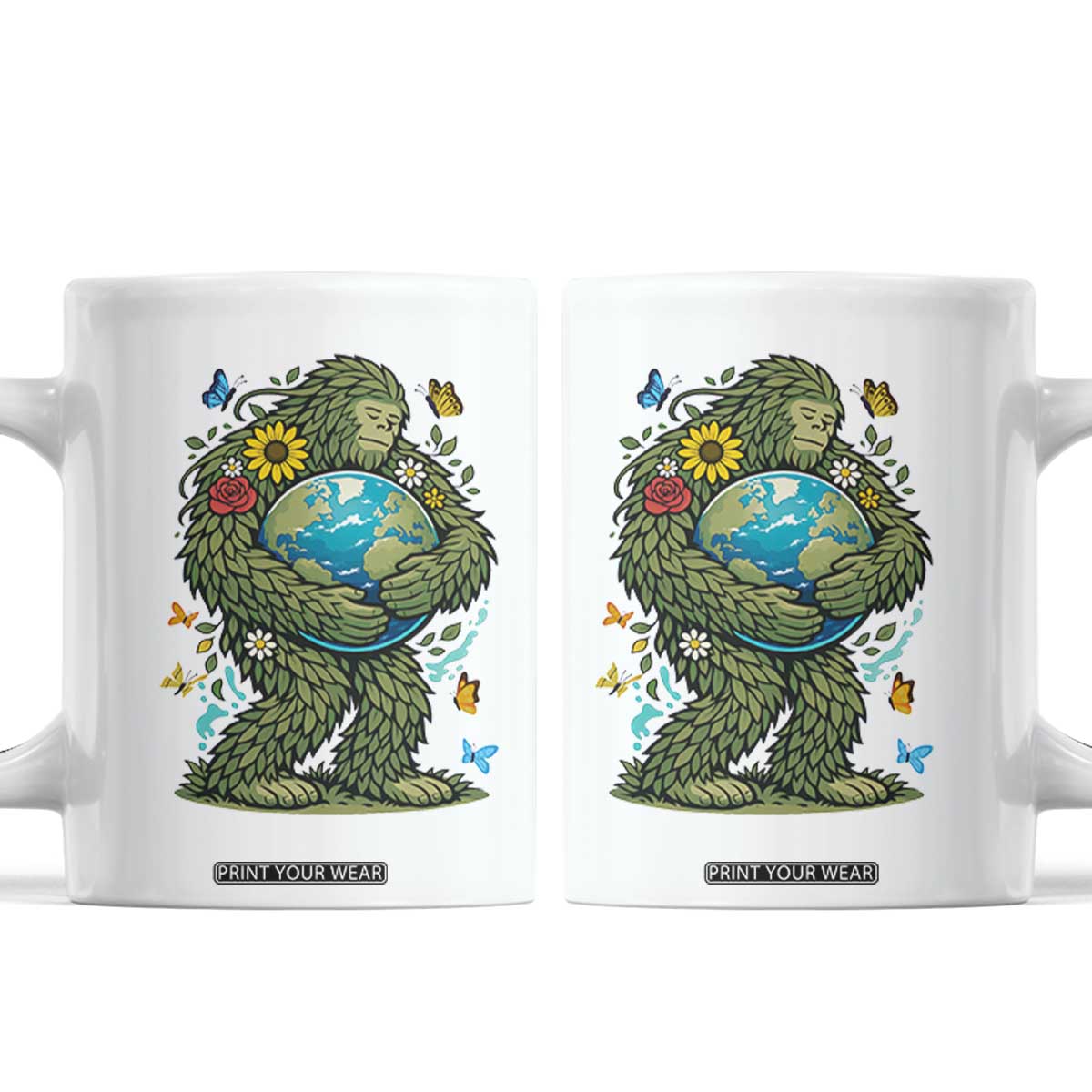 Floral Bigfoot Hugging Earth Coffee Mug Cottagecore Nature Lover TS12 White Print Your Wear