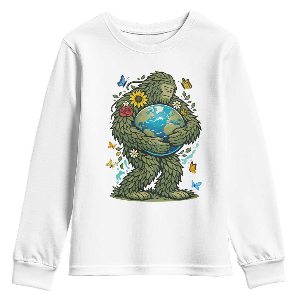 Floral Bigfoot Hugging Earth Youth Sweatshirt Cottagecore Nature Lover TS12 White Print Your Wear