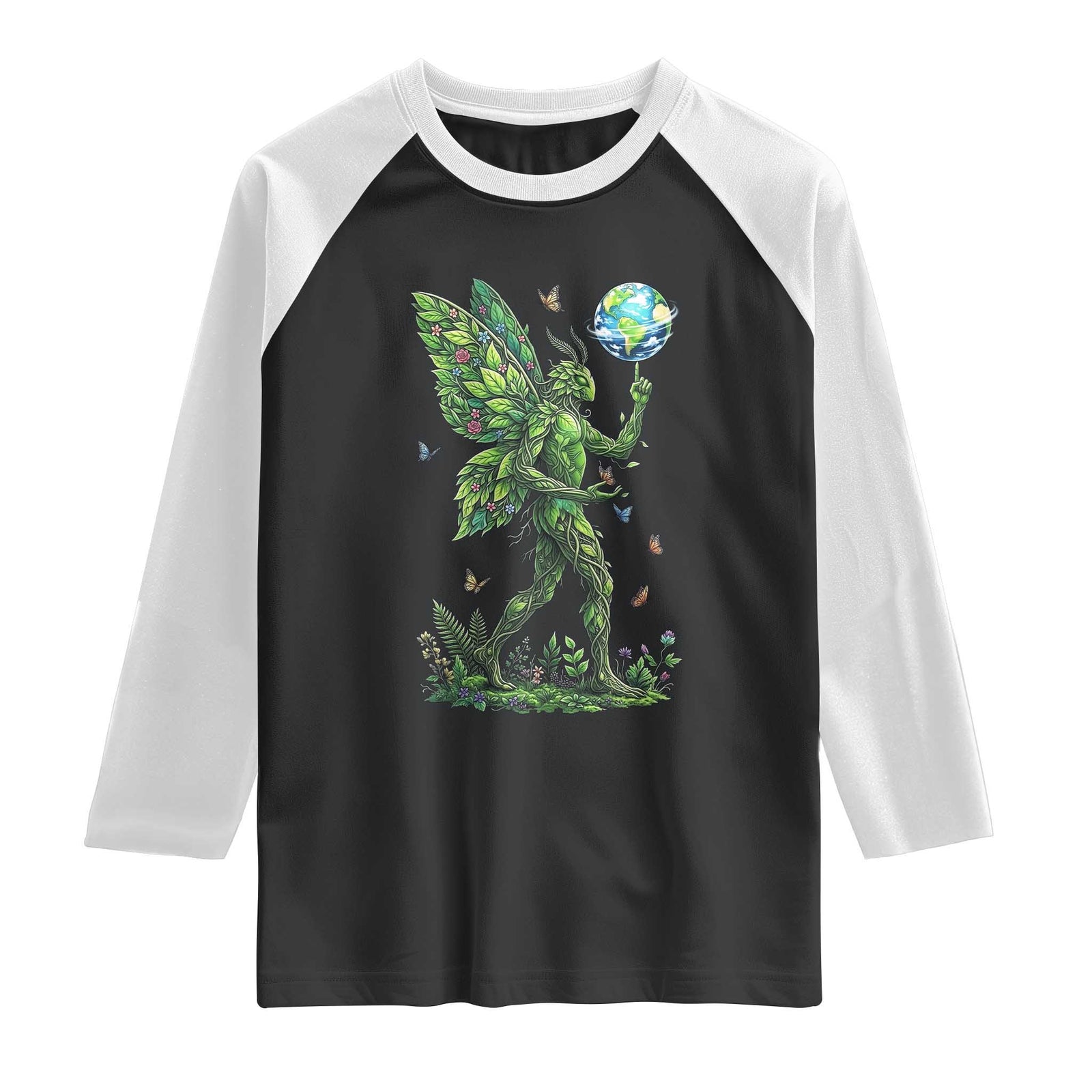 Floral Mothman With Earth Raglan Shirt Cottagecore Nature Lover Cryptid TS12 Black White Print Your Wear