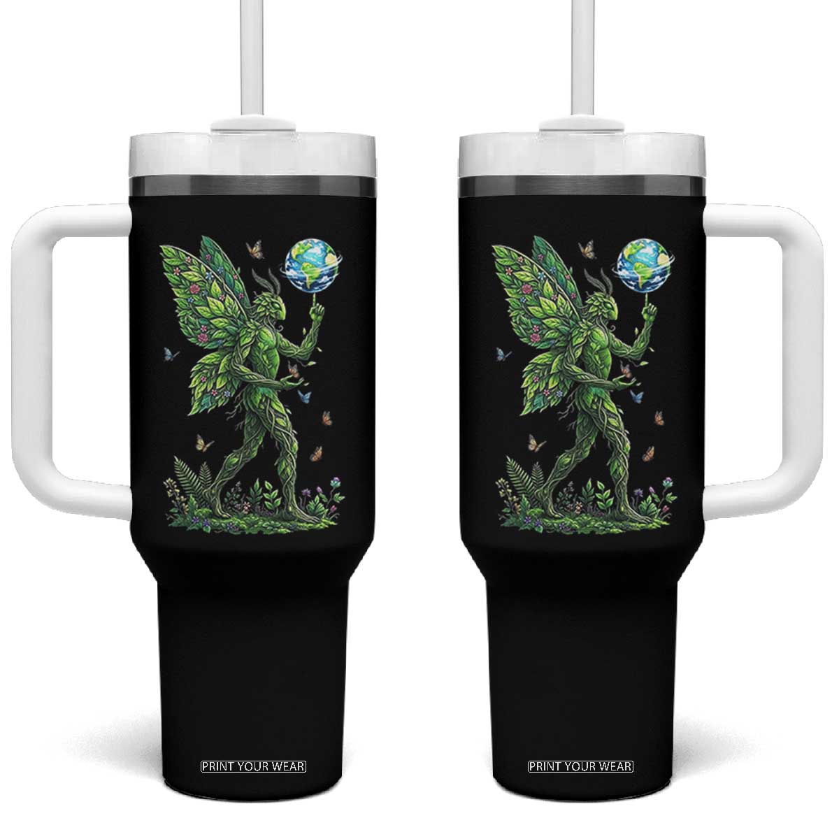 Floral Mothman With Earth Tumbler With Handle Cottagecore Nature Lover Cryptid TS12 One Size: 40 oz Black Print Your Wear