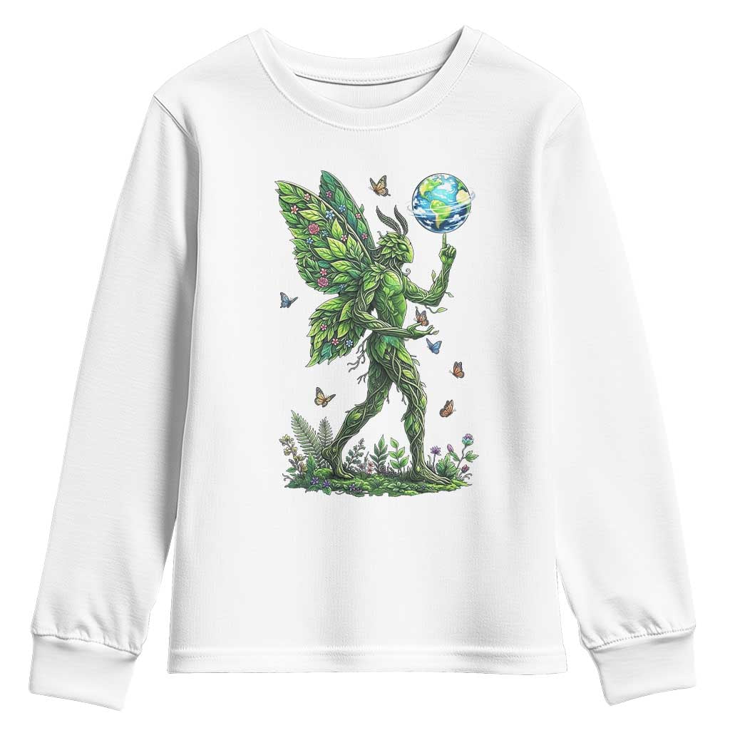 Floral Mothman With Earth Youth Sweatshirt Cottagecore Nature Lover Cryptid TS12 White Print Your Wear