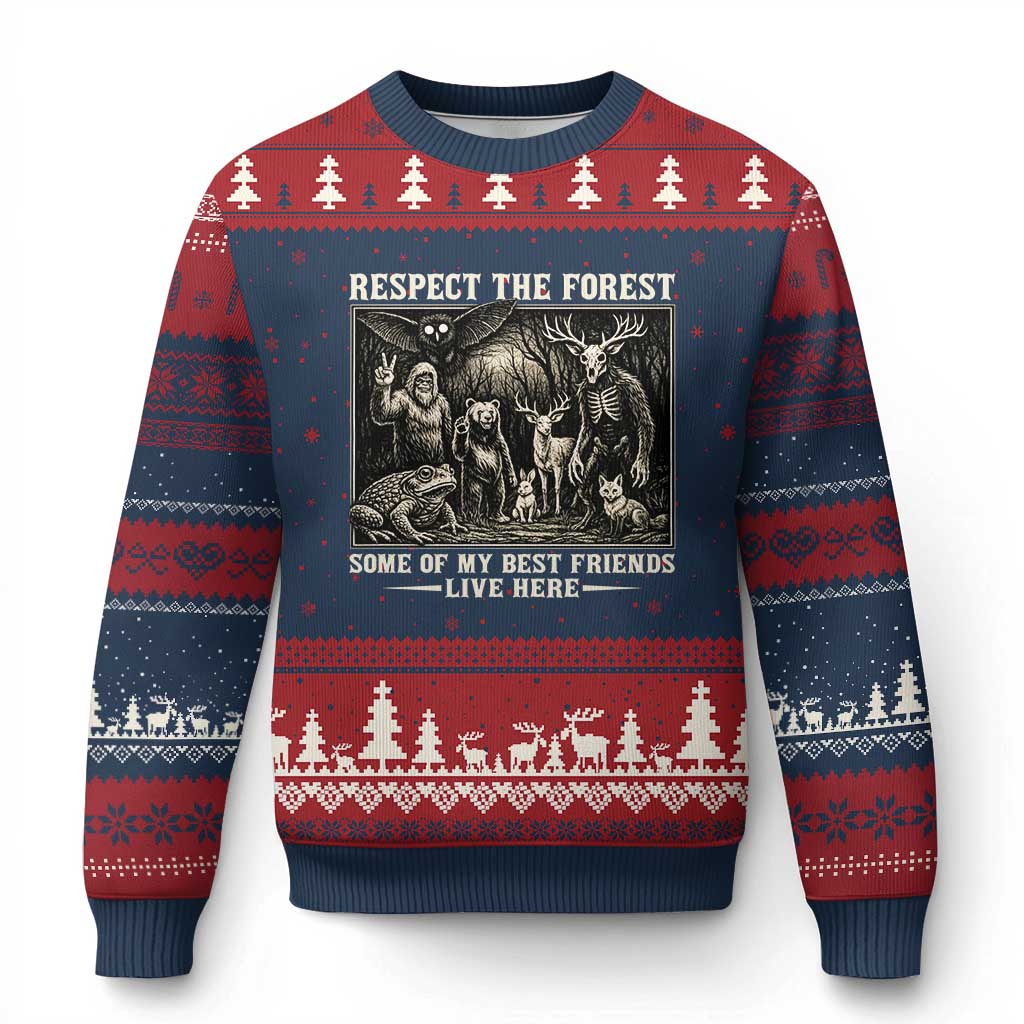 Respect The Forest My Best Friends Live Here Ugly Christmas Sweater Cryptid Forest Lover TS12 Navy Red Print Your Wear