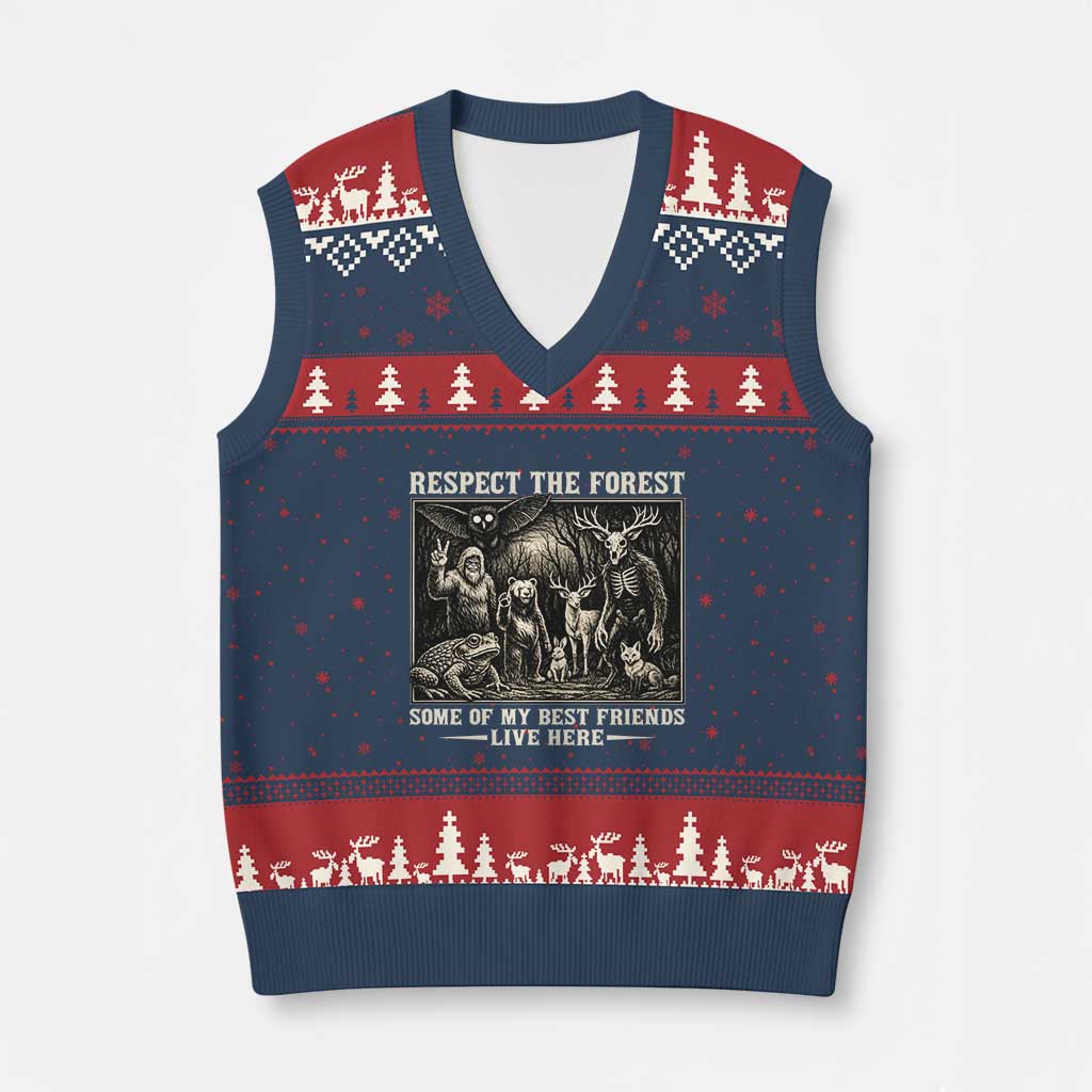Respect The Forest My Best Friends Live Here V-Neck Knit Sweater Vest Cryptid Forest Lover TS12 Navy Red Print Your Wear