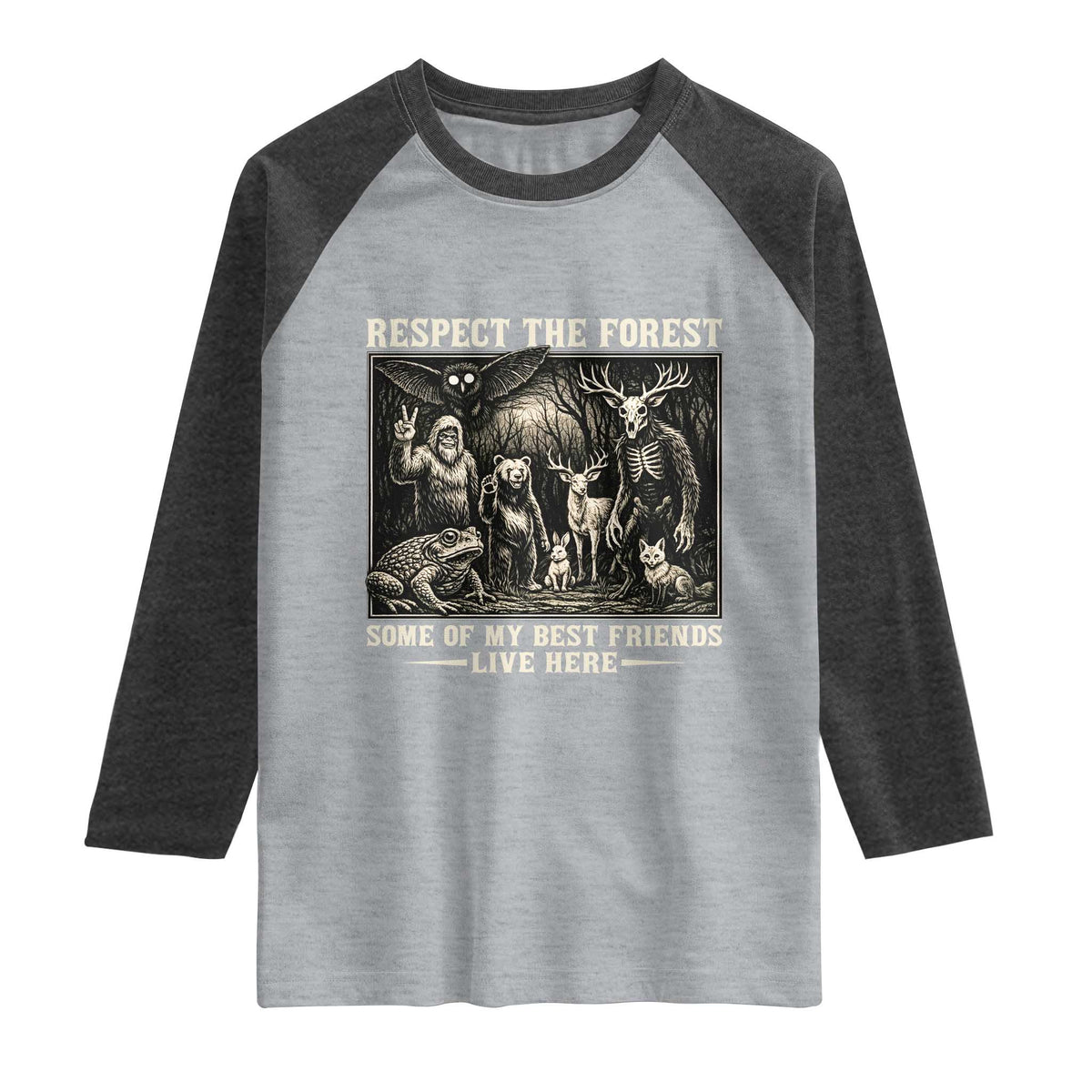 Respect The Forest My Best Friends Live Here Raglan Shirt Cryptid Forest Lover TS12 Heather Gray Heather Charcoal Print Your Wear