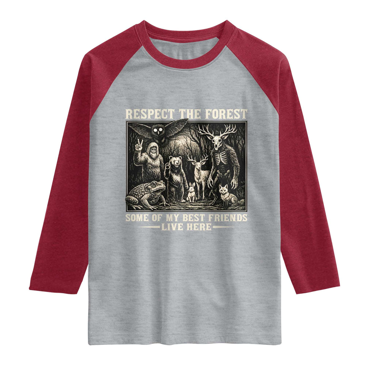 Respect The Forest My Best Friends Live Here Raglan Shirt Cryptid Forest Lover TS12 Heather Gray Heather Red Print Your Wear