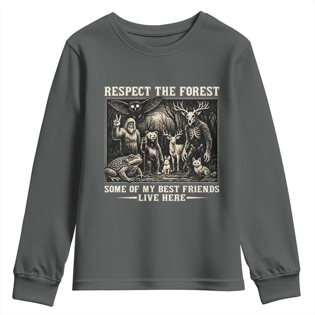 Respect The Forest My Best Friends Live Here Youth Sweatshirt Cryptid Forest Lover TS12 Dark Heather Print Your Wear