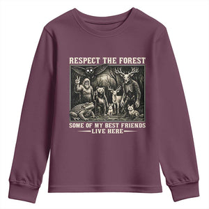 Respect The Forest My Best Friends Live Here Youth Sweatshirt Cryptid Forest Lover TS12 Maroon Print Your Wear