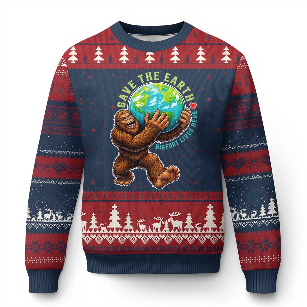 Earth Day Ugly Christmas Sweater Save The Earth Bigfoot Lives Here TS12 Navy Red Print Your Wear