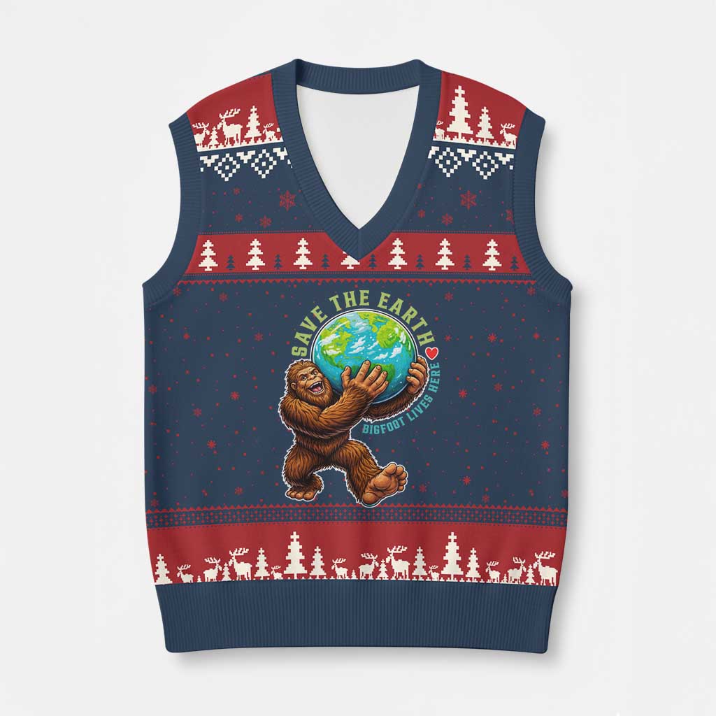 Earth Day V-Neck Knit Sweater Vest Save The Earth Bigfoot Lives Here TS12 Navy Red Print Your Wear