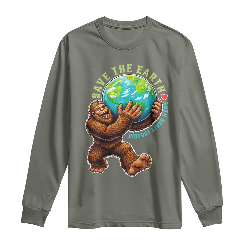 Earth Day Long Sleeve Shirt Save The Earth Bigfoot Lives Here TS12 Military Green Print Your Wear
