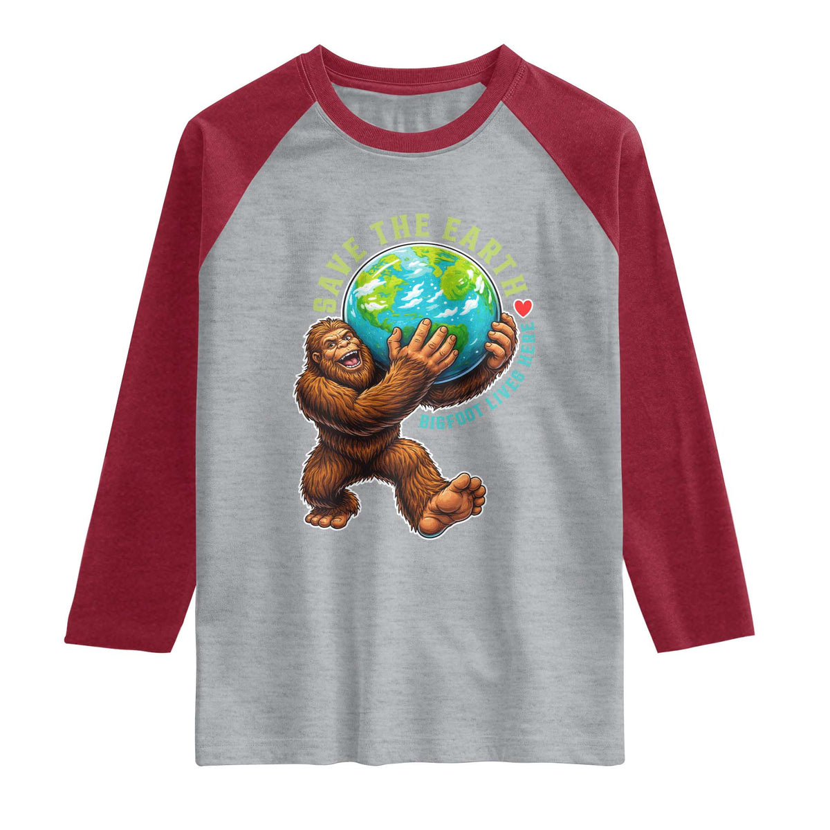 Earth Day Raglan Shirt Save The Earth Bigfoot Lives Here TS12 Heather Gray Heather Red Print Your Wear