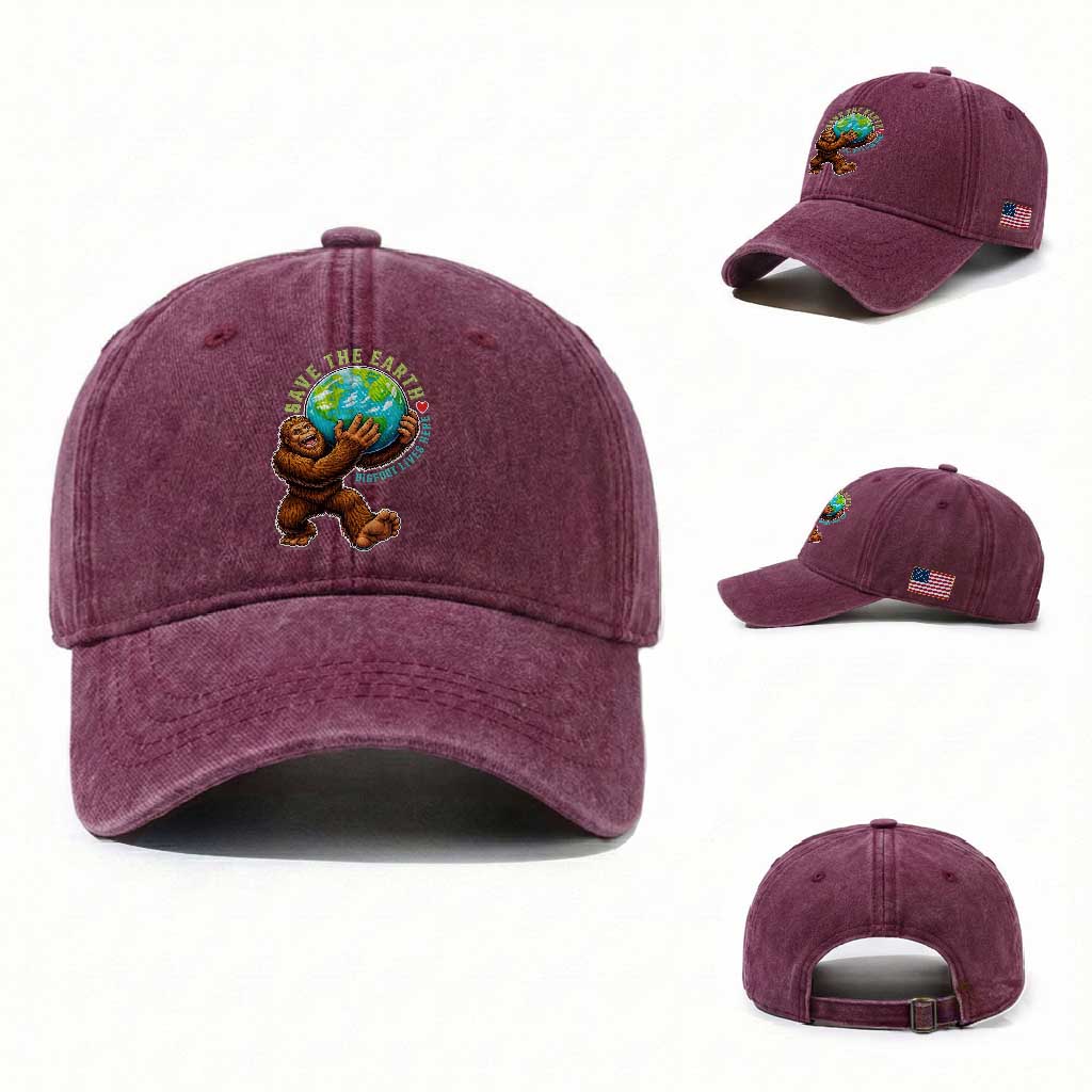 Earth Day Washed Cotton Baseball Cap Save The Earth Bigfoot Lives Here TS12 Washed Cap Universal Fit Burgundy Print Your Wear