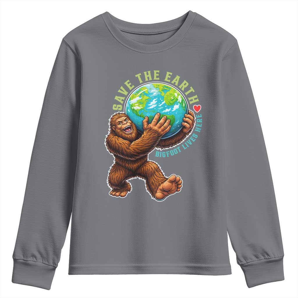 Earth Day Youth Sweatshirt Save The Earth Bigfoot Lives Here TS12 Charcoal Print Your Wear