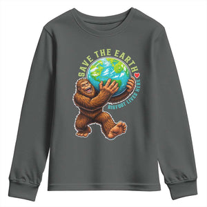 Earth Day Youth Sweatshirt Save The Earth Bigfoot Lives Here TS12 Dark Heather Print Your Wear