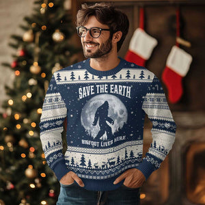 Save The Earth Bigfoot Lives Here Ugly Christmas Sweater Earth Day Nature Lover TS12 Navy Beige Print Your Wear