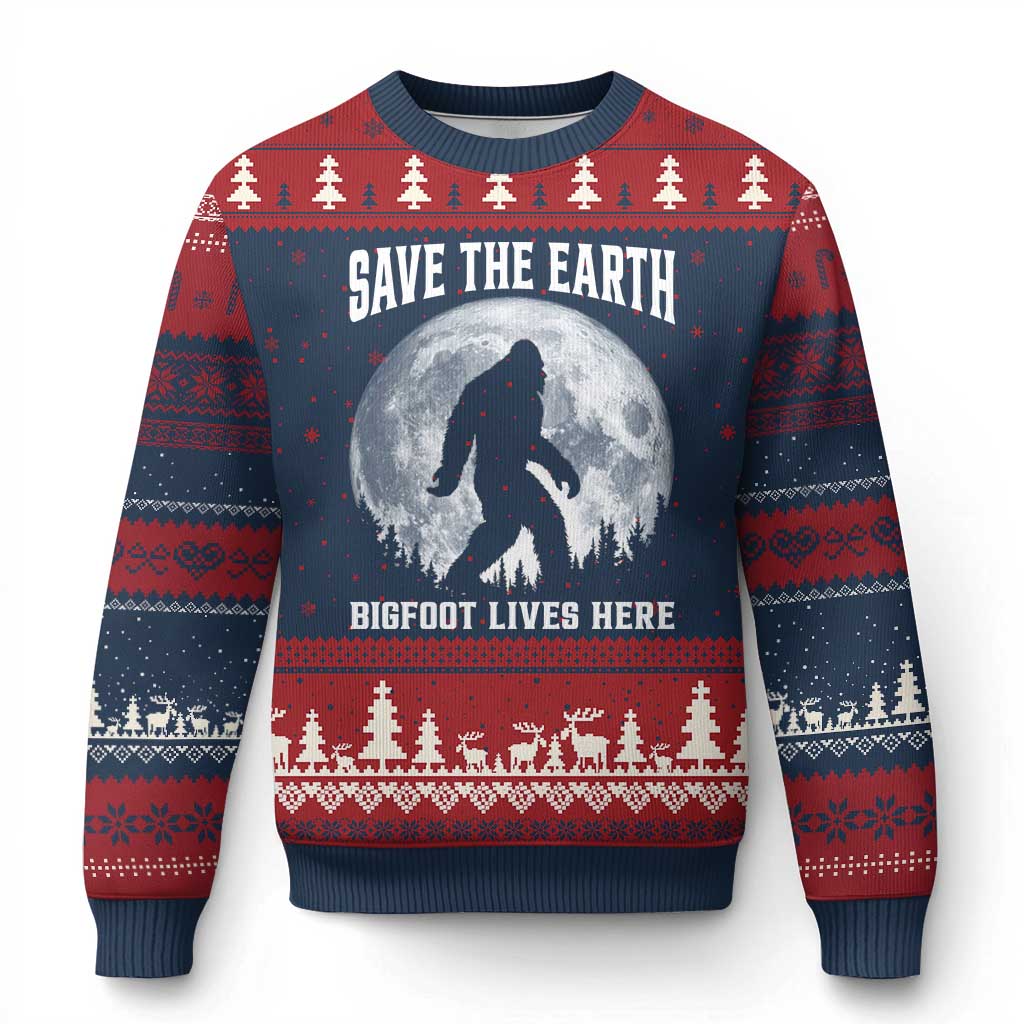 Save The Earth Bigfoot Lives Here Ugly Christmas Sweater Earth Day Nature Lover TS12 Navy Red Print Your Wear