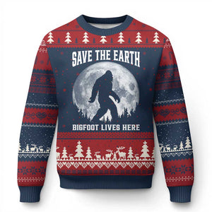 Save The Earth Bigfoot Lives Here Ugly Christmas Sweater Earth Day Nature Lover TS12 Navy Red Print Your Wear