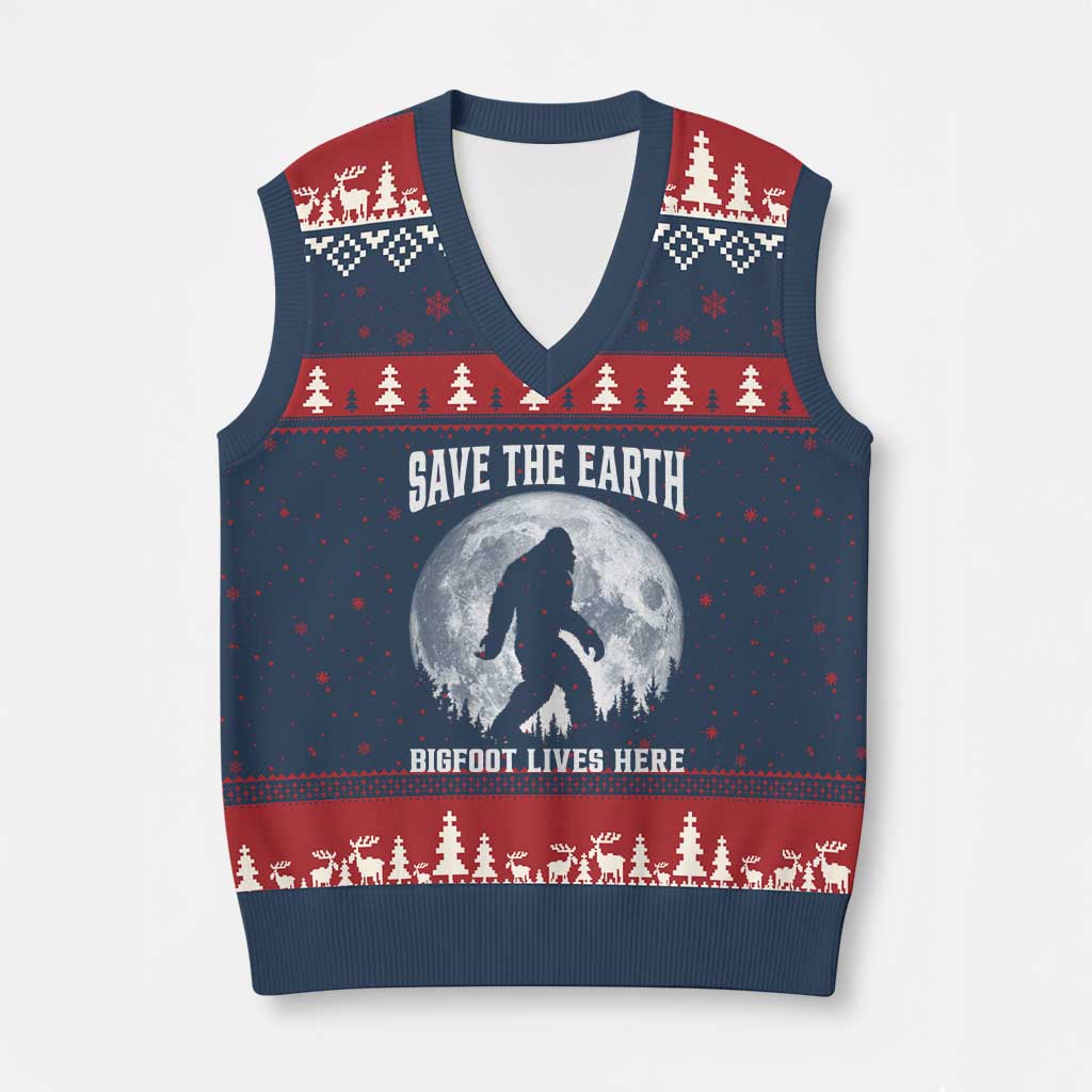 Save The Earth Bigfoot Lives Here V-Neck Knit Sweater Vest Earth Day Nature Lover TS12 Navy Red Print Your Wear