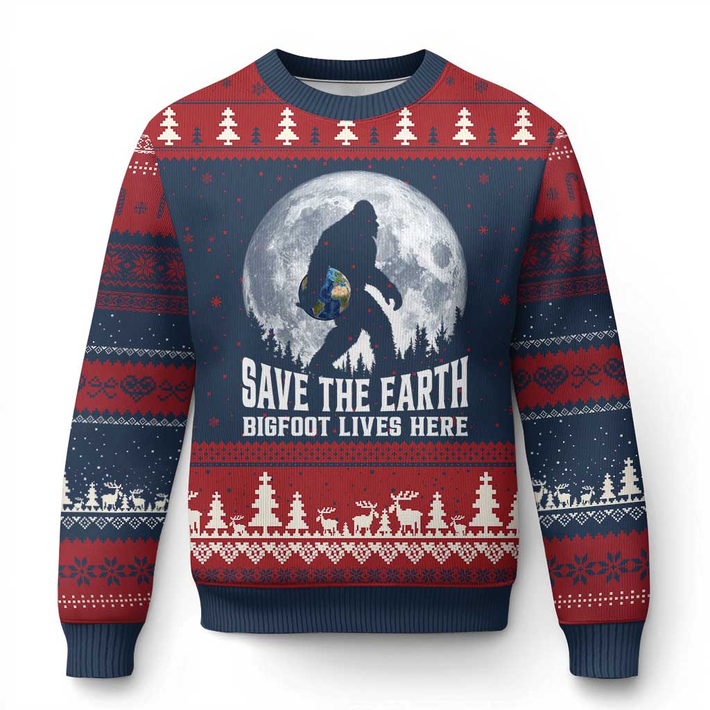 Save Our Planet Nature Lover Ugly Christmas Sweater Bigfoot Lives Here TS12 Navy Red Print Your Wear