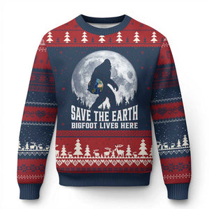 Save Our Planet Nature Lover Ugly Christmas Sweater Bigfoot Lives Here TS12 Navy Red Print Your Wear