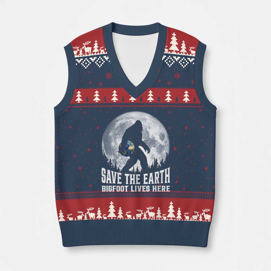 Save Our Planet Nature Lover V-Neck Knit Sweater Vest Bigfoot Lives Here TS12 Navy Red Print Your Wear
