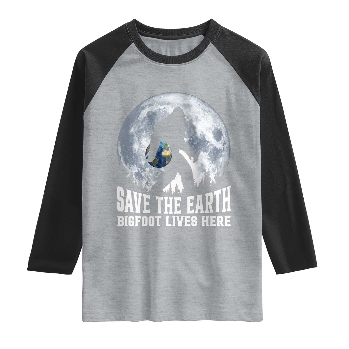 Save Our Planet Nature Lover Raglan Shirt Bigfoot Lives Here TS12 Heather Gray Black Print Your Wear