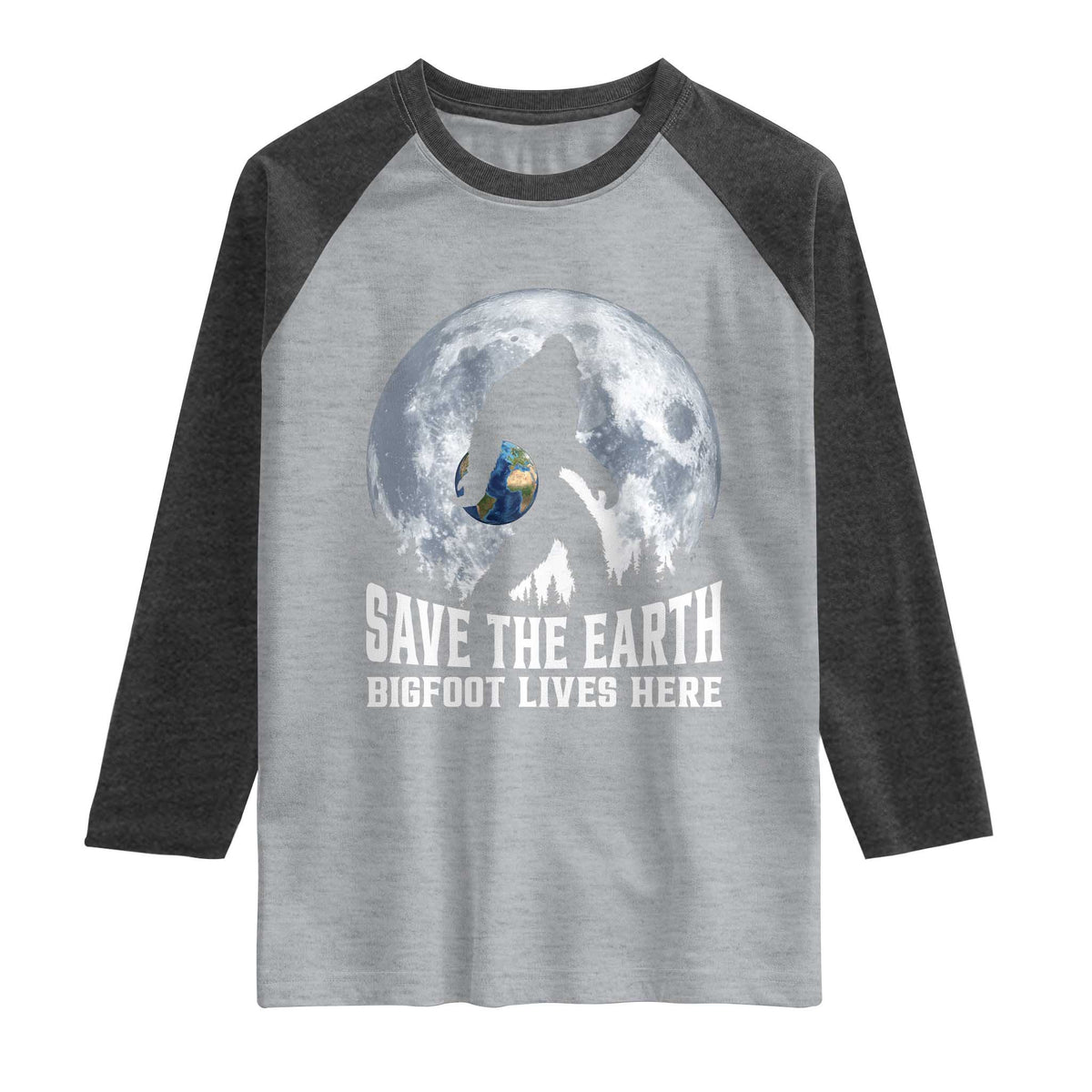 Save Our Planet Nature Lover Raglan Shirt Bigfoot Lives Here TS12 Heather Gray Heather Charcoal Print Your Wear