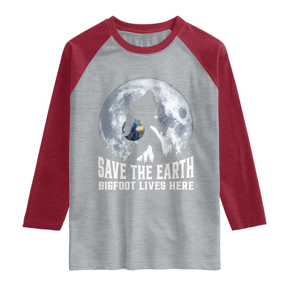 Save Our Planet Nature Lover Raglan Shirt Bigfoot Lives Here TS12 Heather Gray Heather Red Print Your Wear