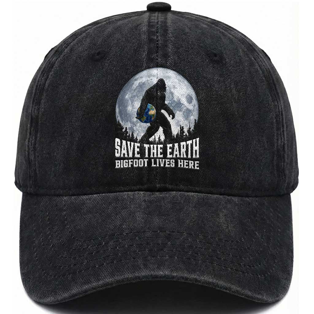 Save Our Planet Nature Lover Washed Cotton Baseball Cap Bigfoot Lives Here TS12 Print Your Wear